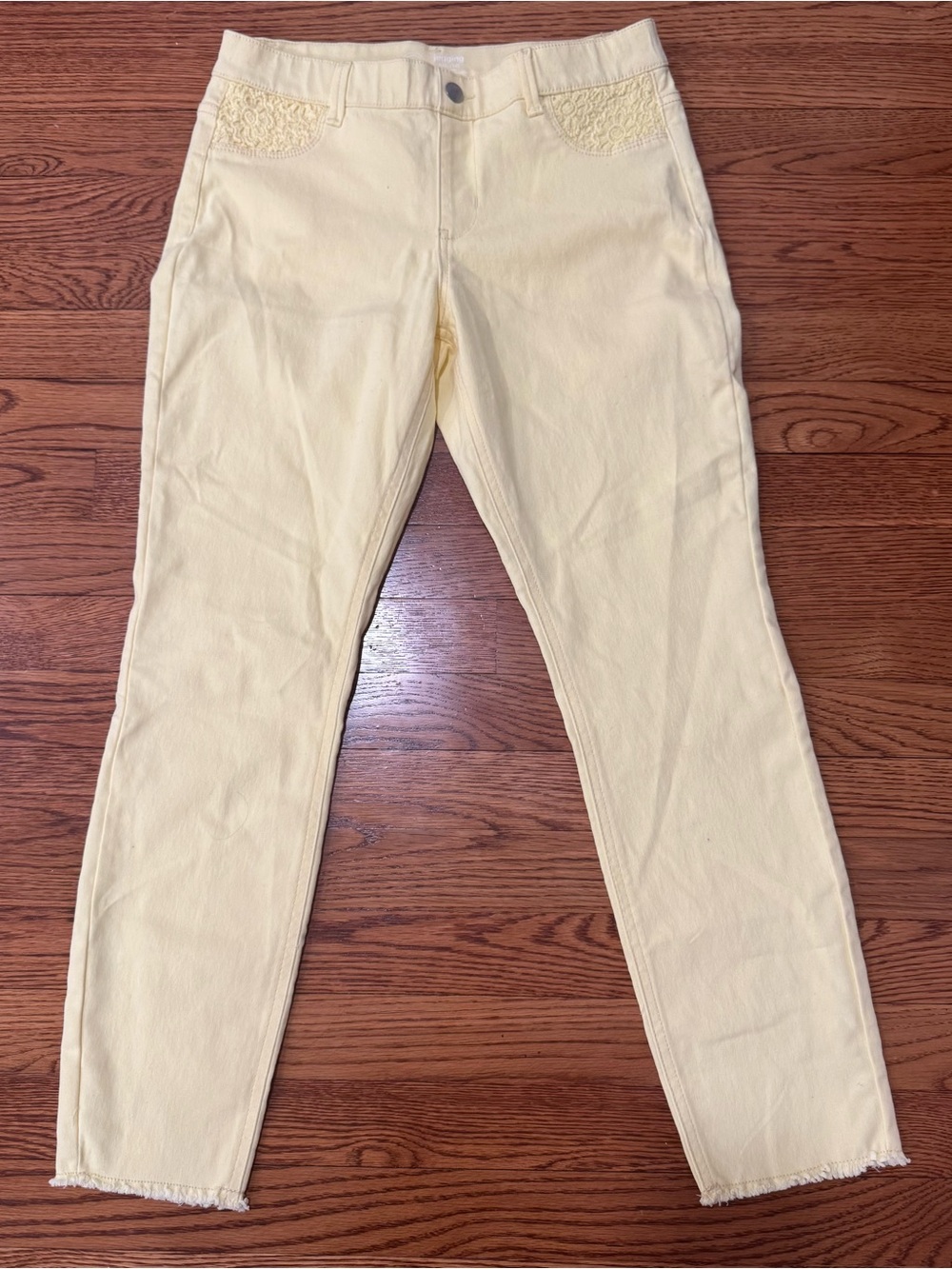 Girl’s Light Yellow Stretch Jeans with Lace Pocket Detail